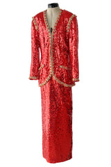 Bright Red 1980s Balenciaga Le Dix Sequin Jacket & Skirt Suit w Gold Braiding & Beadwork Detailing