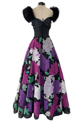 1990s Nina Ricci by Gerard Pipart Haute Couture Black Off Shoulder Dress w Hand Quilted Floral Skirt