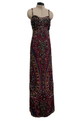 Exquisite 1965-66 James Galanos Couture Heavily Hand Beaded & Sequined Silk Print Dress