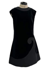 Minimalist 1960s Pierre Cardin Black Cotton Velvet Mod Shift Dress w Grosgrain Detailing