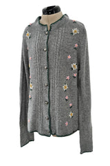 Wonderful 1980s Moser Deep Grey Colour Hand Knit Cardigan Sweater w Floral Details & Metal Buttons