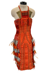 Iconic Spring 2011 Gucci by Frida Giannini Runway Look 41 Burnt Orange Silk Cord, Brass & Feather Dress