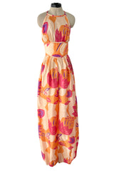 Amazing Late 1970s Bill Tice Printed Tissue Silk Backless Jumpsuit w Balloon Pouf Legs