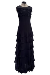Spring 2001 Chanel by Karl Lagerfeld Midnight Blue Silk Chiffon Dress w Ruffles & Low Back