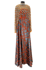 Ultra Rare 1990s Paco Rabanne Haute Couture Metallic Silver & Coral Dress w Chainlink Top & Headpiece