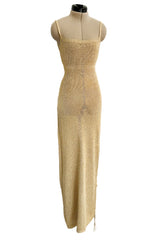 Amazing 1990s Gianni Versace Gold Metallic Knit Dress w Open or Lace up Back & Side Slit