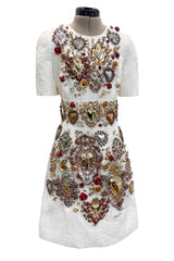 Spring 2015 Dolce & Gabbana Runway Look 48 Silk Brocade Mini Dress w Elaborate Front Embellishments