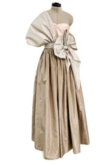 Dreamy Early 1980s Bill Blass Pink, Champagne & Taupe Silk One Shoulder Dress w Full Skirt