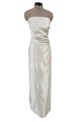 Minimalist 1990s Givenchy Silver Undertone Ivory Strapless Silk Dress w Back Gathering & Shawl