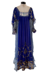 1960s Bloomingdales Label Royal Blue Silk Chiffon & Gold Thread Caftan