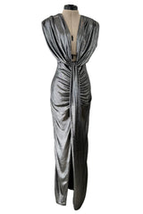 Fantastic 1990s Gianni Versace Metallic Silver Stretch Jersey Dress w Front Plunge & Long Tie