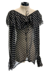 Well Documented Spring 1980 Yves Saint Laurent Black & White Polka Dot Silk Chiffon Top