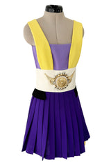 2014 Fausto Puglisi Bright Multi Colour 'Greco-Roman' Mini Dress w Gold Rhinestone Medallion