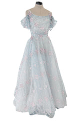 Dreamy Luisa Beccaria Pale Turquoise Net Off Shoulder Dress w Pink & Gold Embroidery