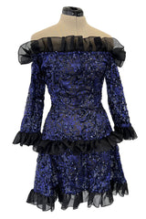 Fall 1987 Yves Saint Laurent Runway Off Shoulder Dress w Metallic Thread & Ruffled Detailing