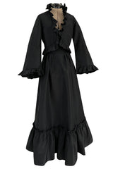 Dreamy 1980s Valentino Black Silk Wide Ruffled Hem Dress w Matching Wide Bell Sleeve Cropped Jacket