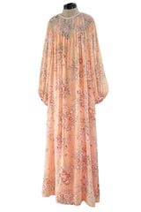 Incredible 1970s Hanae Mori Floral & Butterfly Peach Silk Chiffon Dress w Balloon Sleeves & Beading