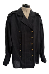 1980s Chanel by Karl Lagerfeld Oversized Black Linen Top w 14 x Four leaf Clover Buttons