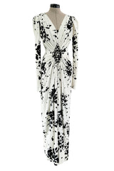 Fantastic Spring 1982 Yves Saint Laurent Haute Couture Runway Unlabeled Black & White Print Plunge Dress