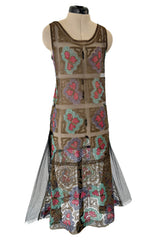 Intricate 1920s Unlabeled Gold Metallic Lame Thread & Sequin on Black Silk Net Flapper Dress