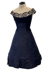 Elegant 1950s Jobere New York Deep Blue Silk & Silk Chiffon Dress w Lace Detailing