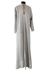 Fantastic 1970s Halston Metallic Silver Lame Lurex Full Length Caftan Dress w Notched Neckline