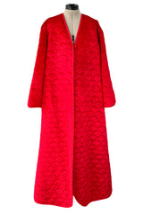 Fabulous 1980s Arnold Scaasi Brilliant Red Quilted Velvet Oversized Cocoon Button Front Coat