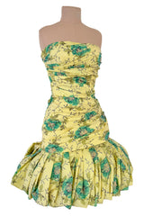 Documented Spring 1988 Emanuel Ungaro Pale Yellow Silk Taffeta Strapless Dress w Floral Print