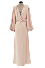 Prettiest Spring 1990 Yves Saint Laurent Pale Nude Pink Silk Plunge Runway Dress w Balloon Sleeves