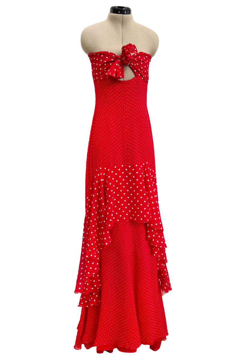 Prettiest Spring 2002 Valentino Runway Strapless Red Dot Silk Chiffon Dress w Ruffled Tiers