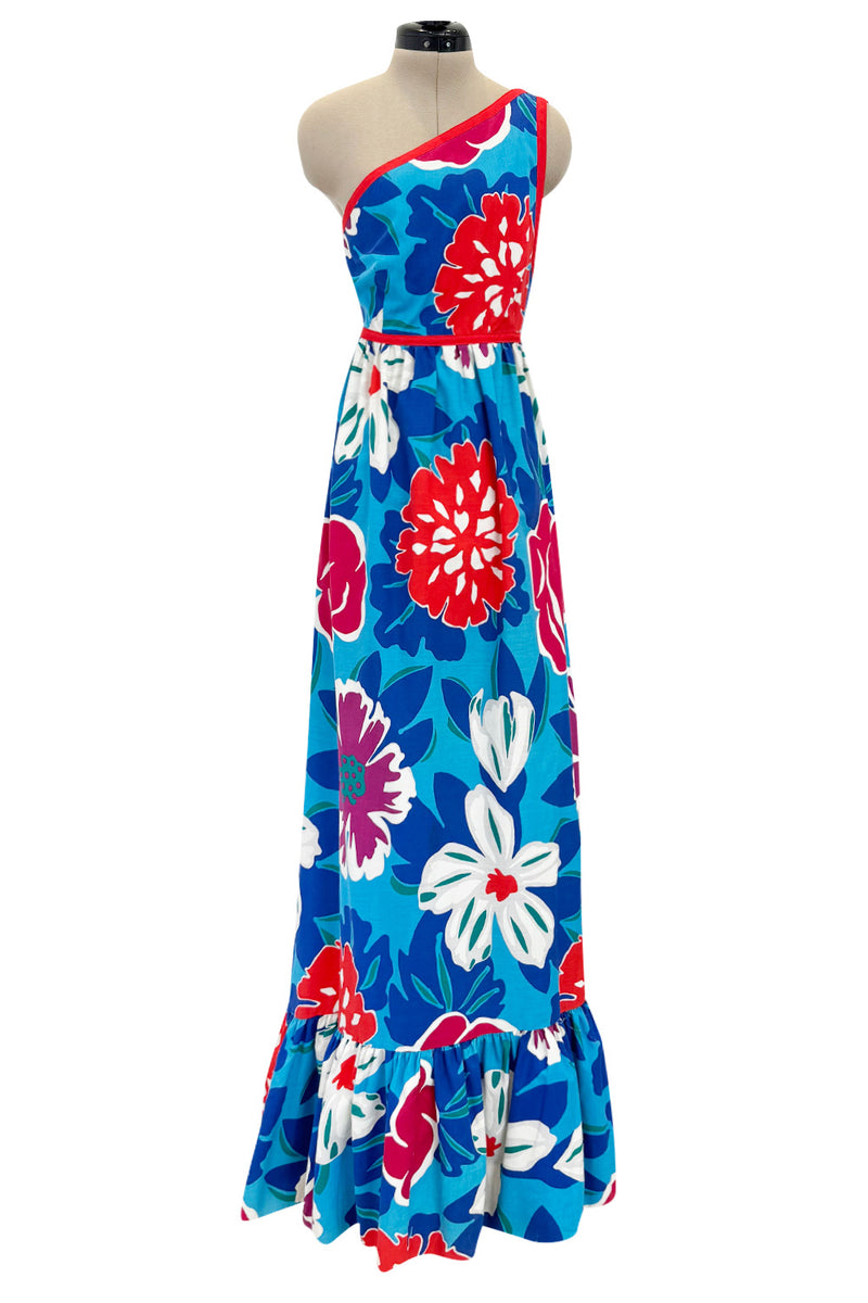 c.1977 Oscar de la Renta for Swirl One Shoulder Printed Bright Floral Cotton Dress w Ruffled Hem