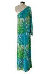 Phenomenal c.1972 La Mendola Hand Beaded Green Printed Caped One Shoulder Silk Jumpsuit
