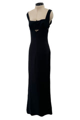 Dreamy 1990s Gianni Versace Couture Black Sculpted & Sleek Minimalist Dress w Front Cut Outs