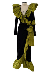 Amazing Fall 1984 Yves Saint Laurent Runway Black Velvet Wrap Dress w Olive Silk Taffeta Ruffles
