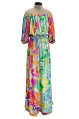 Prettiest 1970s Leonard Washed Floral Pastel Print Silk JerseyEasy -to-Wear Elastic Off Shoulder Dress