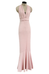 Prettiest 2000s Gianni Versace Pale Dusty Pink Plunge Stretch Jersey Halter Dress w Open Back