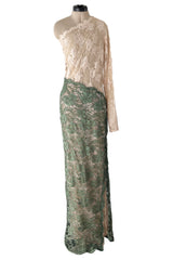 Dreamiest 1970s Geoffrey Beene One Shoulder Soft Blush Pink & Moss Green Corded Lace Dress