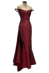 Phenomenal Fall 2000 John Galliano Deep Oxblood Silk Taffeta Corset Dress w Sweeping Skirt Panel