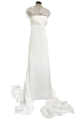 Vintage Valentino White Silk Wedding Dress w Elaborate Trains, Pleating & Extensive Beading Detail