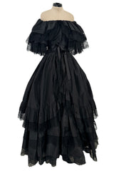 Dramatic 1970s Louis MiesOff Shoulder Haute Couture Silk Dress w Hand Made Lace & Full Skirt
