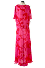 Dreamiest 1990s Yves Saint Laurent Oversized Floral Print Pink & Red Silk Chiffon Caftan Dress