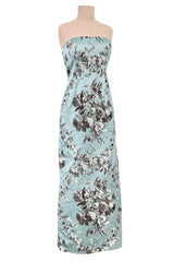 Incredible Fall 2008 Oscar de la Renta Strapless Blue & Silver Grey Floral Silk Brocade Dress
