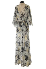Dreamy 1920s Unlabeled Feather Light Floral Print Silk Chiffon Dress w Jacket