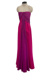 Spring 1985 Yves Saint Laurent Haute Couture Pink Silk Dress w Purple Bodice & Long Front Panel Detail