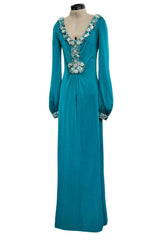Stunning Spring 1971 Loris Azzaro Deep Turquoise Silk Jersey Dress w Densely Beaded Plunging Front Detail