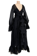 Prettiest 1970s Bill Blass Black Silk Organza Dress w Extensive Ruffle Detailing & Full Puff Sleeves