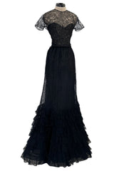 Spectacular Spring 1992 Oscar de la Renta Extremely Fine Black Lace Dress w Tiered Ruffled Full Skirt