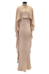 Fall 1975 Halston Runway Pale Neutral Bias Cut Silk Chiffon Dress W Ruffled & Open V Back