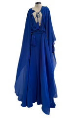 Superb Spring 2013 Yves Saint Laurent Hedi Slimane Debut Runway Blue Dress Silk Chiffon w Matching Cape & Sash