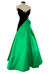 Fall 1987 Arnold Scaasi Black Strapess Velvet & Green Full Skirt Silk Dress